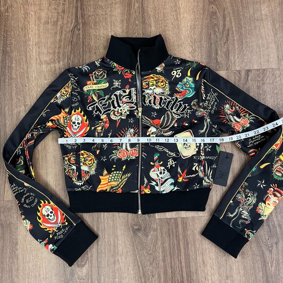 NEW Ed Hardy Crop Flashboard Black Tattoo Track Jacket Sz M - Picture 7 of 15